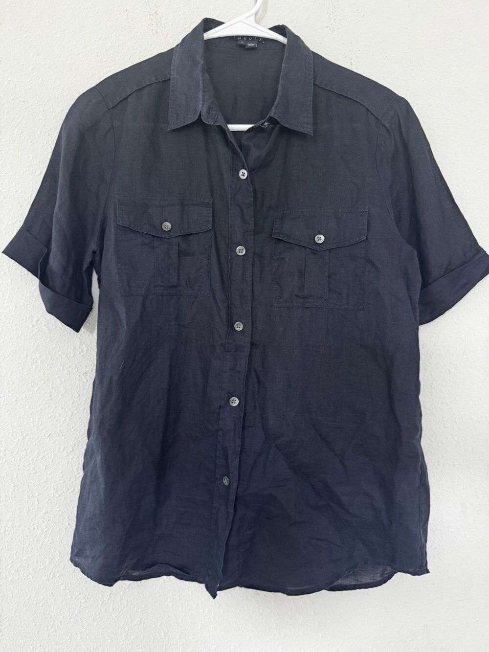 Theory Ramie Button Down Shirt S Navy Utility Coastal Minimalist Quiet Luxury
